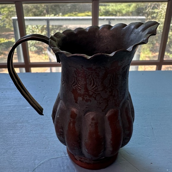 Antique Hand Hammered Fluted Tinned Copper Egyptian Bowl & Pitcher Decor Egypt - Picture 6 of 9